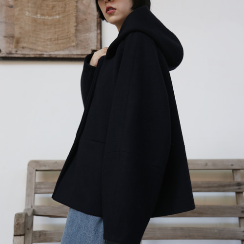 コムデギャルソン　ウールフード付き黒ショートコート COMME CA ISM コート アウター 2WAY フーデットショートコート