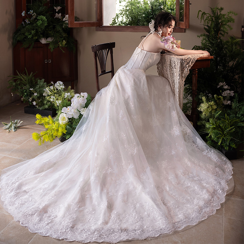 綺麗 白 ノースリーブ ウェディングドレス パーティー シンプル 韓国風 結婚式 花嫁 前撮り 披露宴 A7133