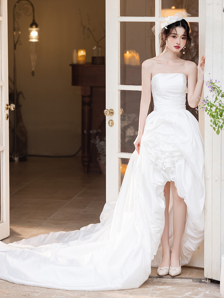 綺麗 白 ノースリーブ ウェディングドレス パーティー 裾引き 韓国風 結婚式 花嫁 前撮り 披露宴 A7134