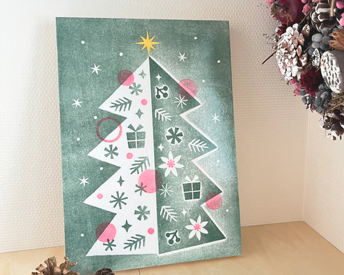 クリスマスツリーの木版画パネル / B5 タペストリー・壁掛け Atelier
