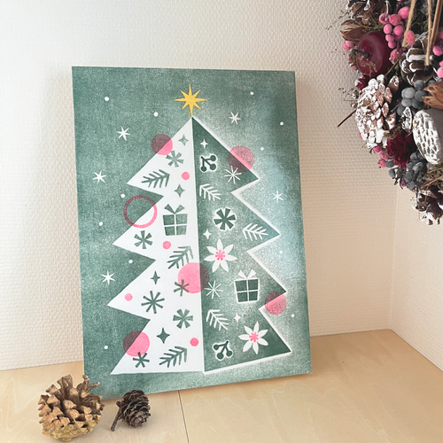 クリスマスツリーの木版画パネル / B5 タペストリー・壁掛け Atelier