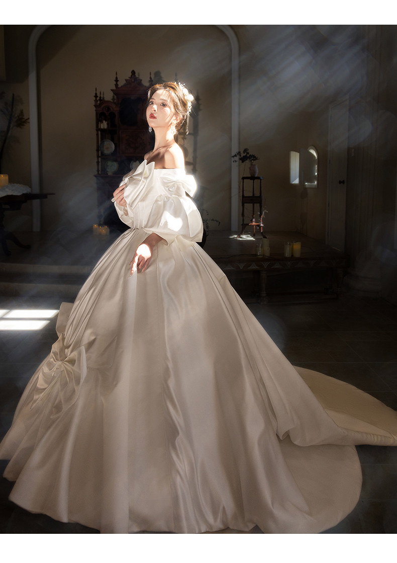 綺麗 白 サテン リボン ウェディングドレス パーティー プリンセス 結婚式 花嫁 前撮り 披露宴 A7139