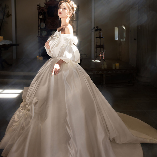 綺麗 白 サテン リボン ウェディングドレス パーティー プリンセス