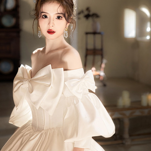 綺麗 白 サテン リボン ウェディングドレス パーティー プリンセス