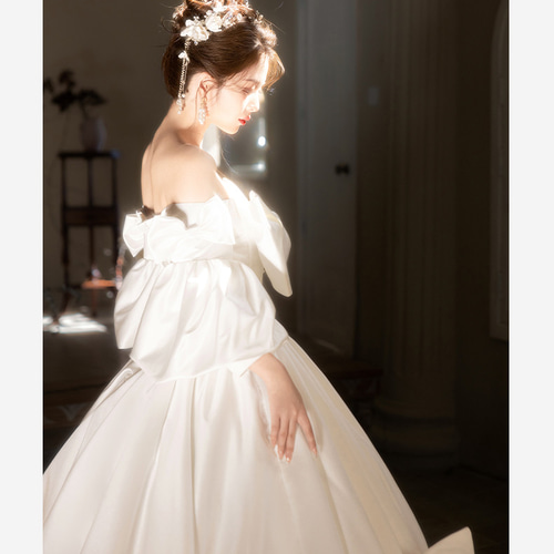 綺麗 白 サテン リボン ウェディングドレス パーティー プリンセス