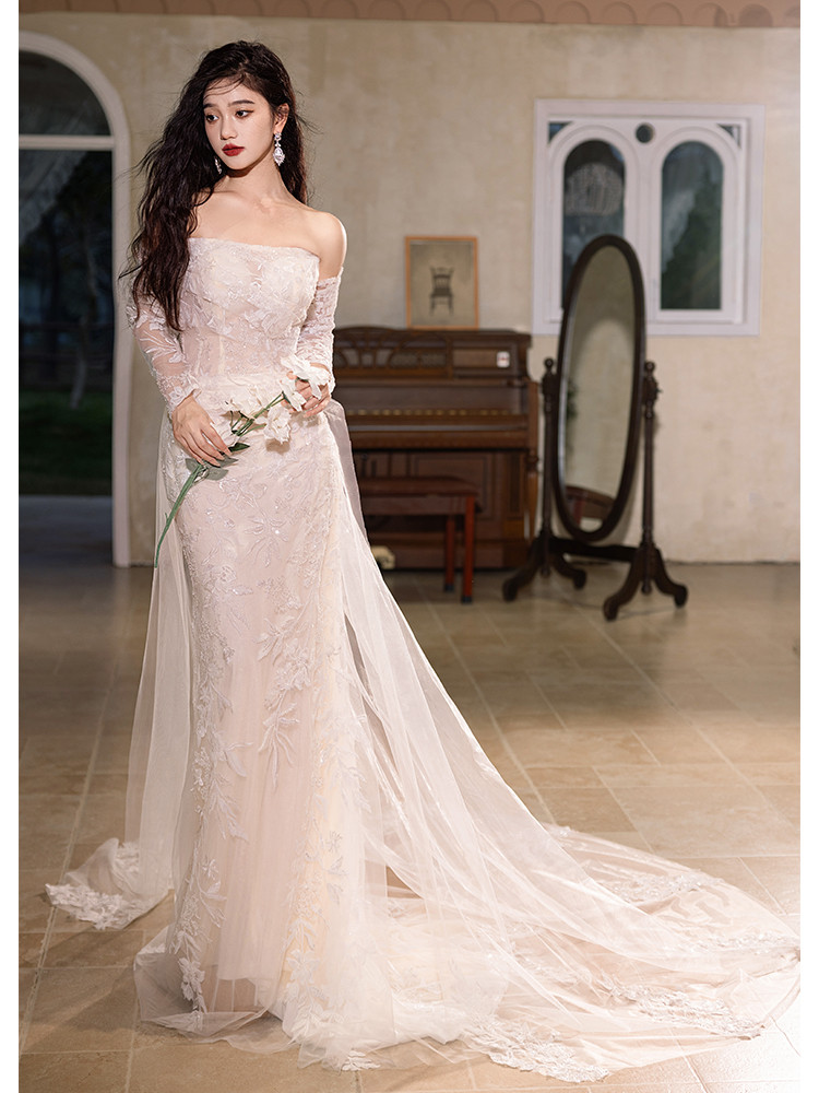 綺麗 白 レース 長袖 オフショルダー ウェディングドレス 裾引き パーティー 結婚式 花嫁 前撮り 披露宴 A7144