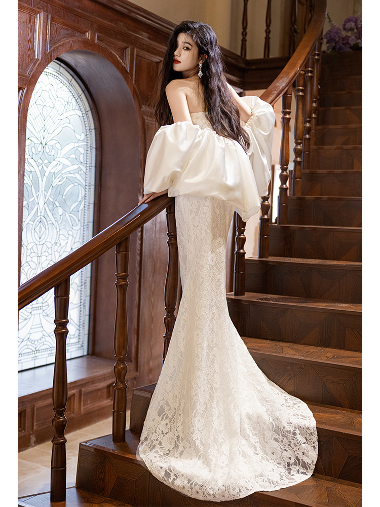 綺麗 白 レース ウェディングドレス チュール パーティー 裾引き 高級感 結婚式 花嫁 前撮り 披露宴 A7146