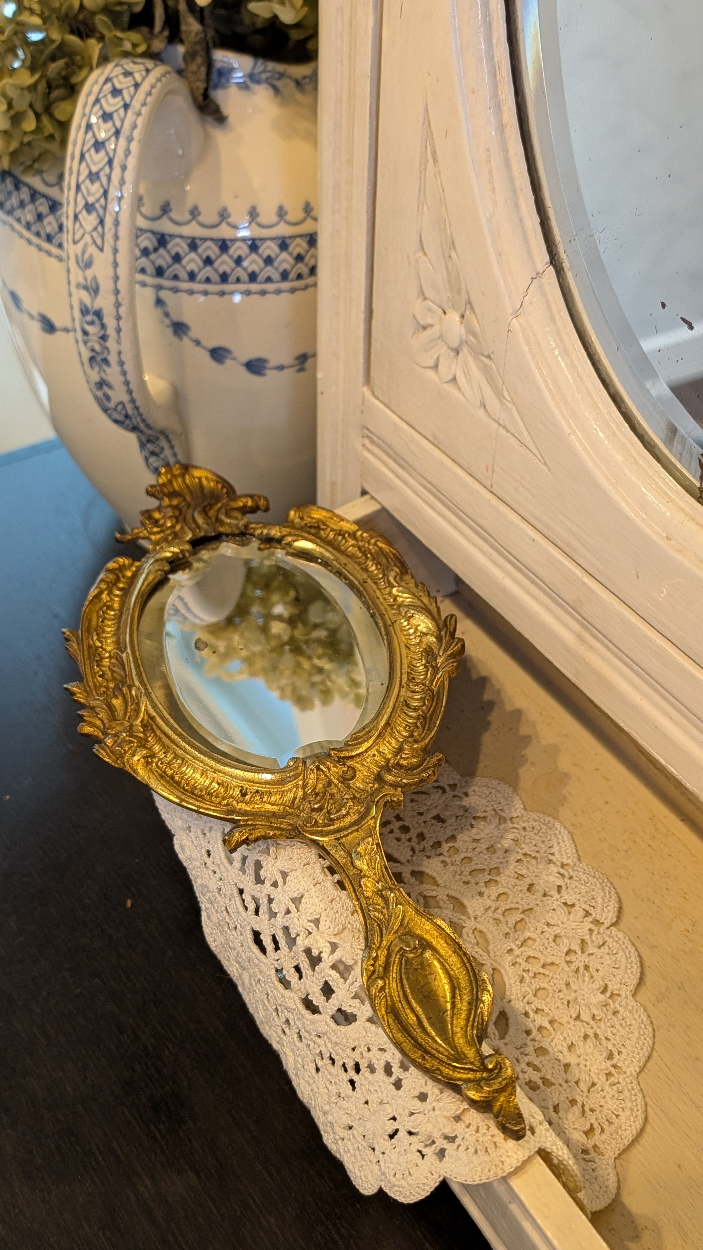 1930年代製 ロマンチック ヴィンテージ 手持ちミラー 壁かけ