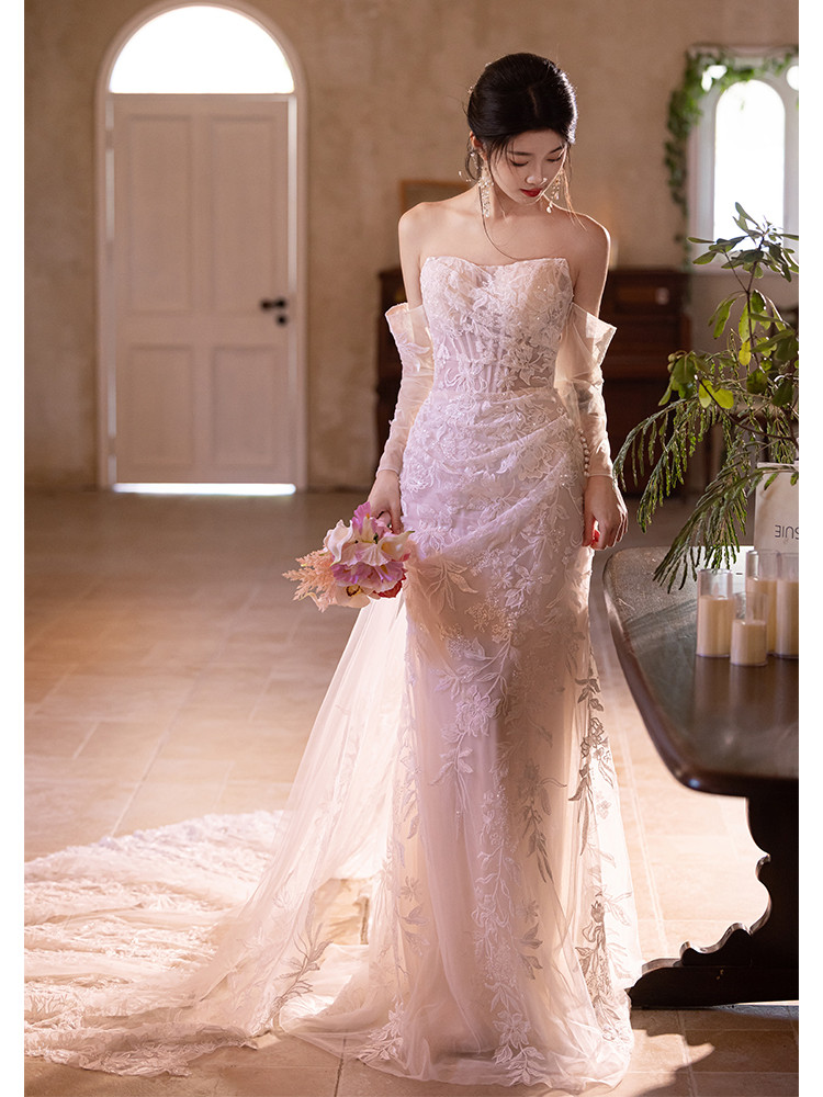 綺麗 白 レース 長袖 ウェディングドレス パーティー 裾引き 上品 結婚式 花嫁 前撮り 披露宴 A7149