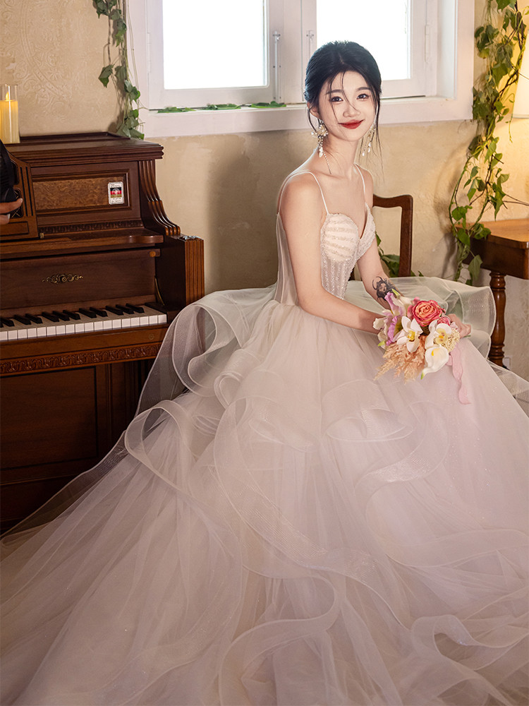 綺麗 白 ノースリーブ ウェディングドレス パーティー シンプル 韓国風 結婚式 花嫁 前撮り 披露宴 A7154