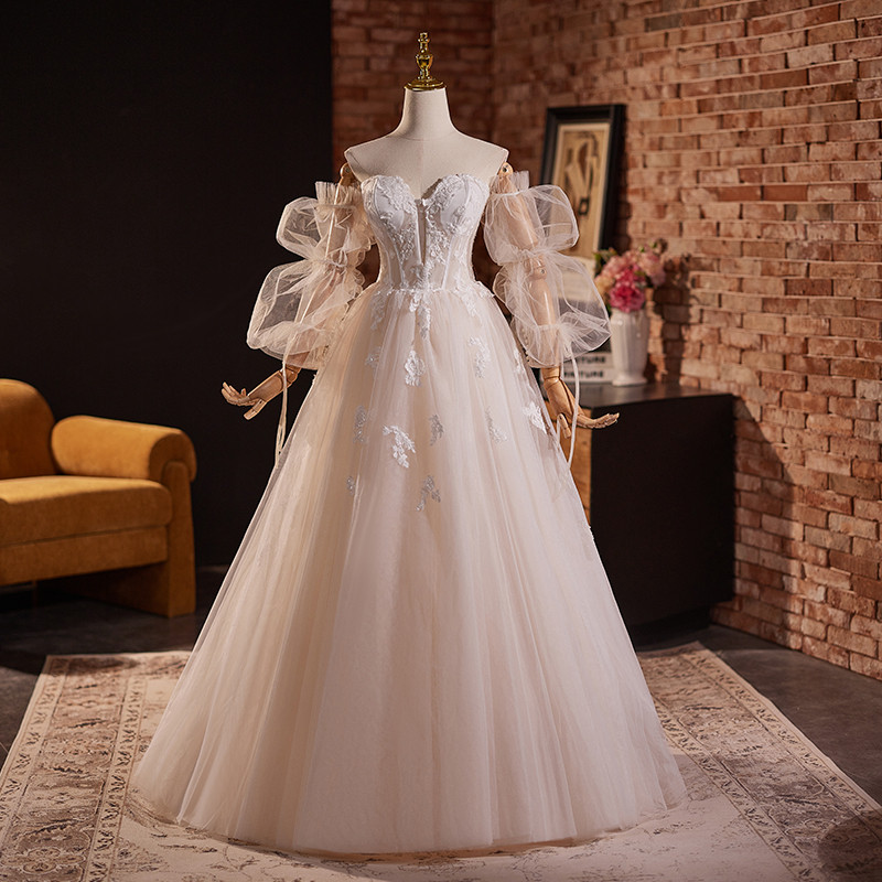 綺麗 白 パフスリーブ オフショルダー ウェディングドレス パーティー 高級感 結婚式 花嫁 前撮り 披露宴 A7159