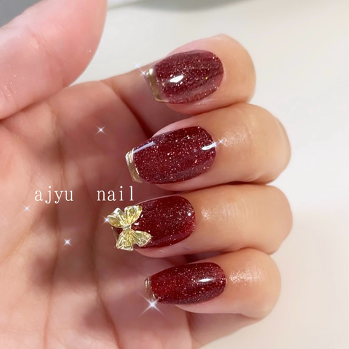 マグネットネイル フラッシュ リボンネイル ネイルチップ 深紅の煌めきネイルチップ｜艶めくボルドー リボン フラッシュネイル