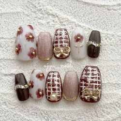 ガーリー×ツイード|ネイルチップ ブラウン ベージュ ゴールド 秋 冬