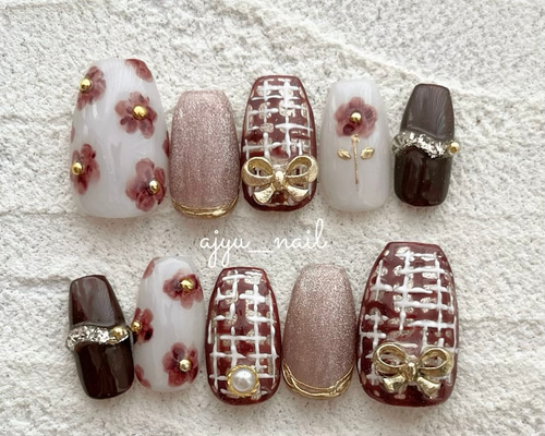 ガーリー×ツイード|ネイルチップ ブラウン ベージュ ゴールド 秋 冬