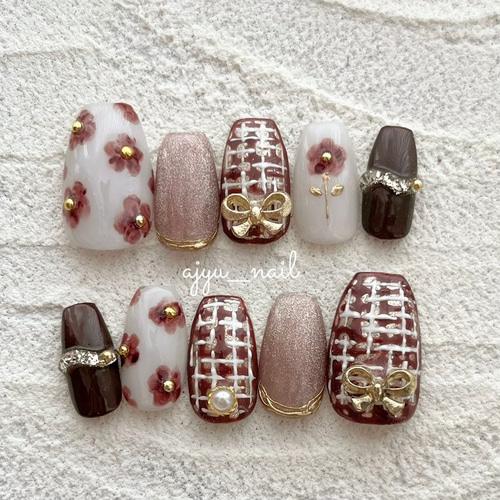 ガーリー×ツイード|ネイルチップ ブラウン ベージュ ゴールド 秋 冬