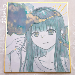 オリジナル】green×gold【アナログイラスト/色紙】 イラスト Sakeko