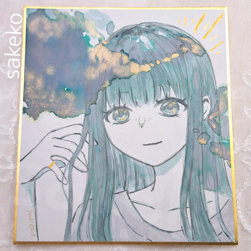 オリジナル】green×gold【アナログイラスト/色紙】 イラスト Sakeko