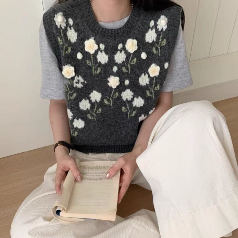 立体白い花装飾 丸襟ノースリーブ ウール混ベスト レディース ニットトップス#1252