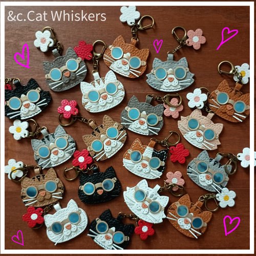 イタリアンレザー☆サングラス猫のバッグチャーム キーホルダー 白猫