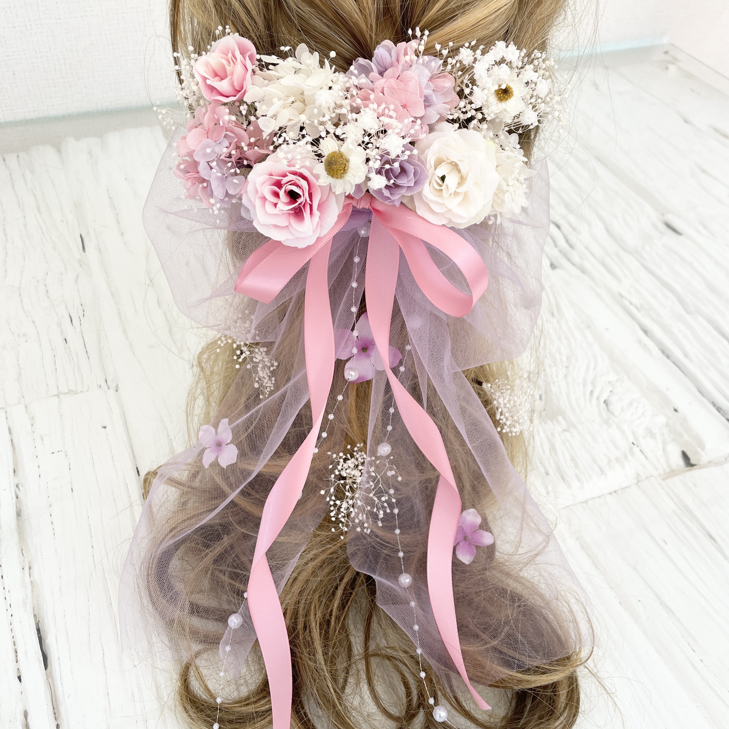 ブーケの様な髪飾り　ヘッドドレス　ピンク