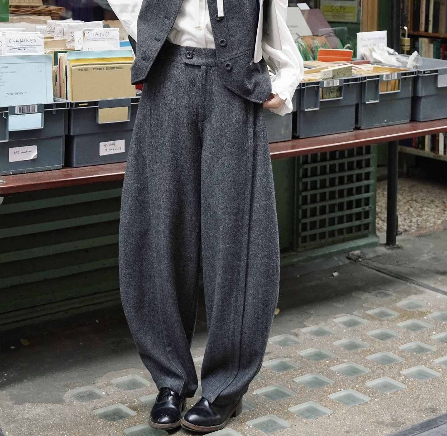 今っぽくて華奢見え　ヘリンボーン柄ロングパンツ　ポケット付き【春秋】グレー系・ブラウン系