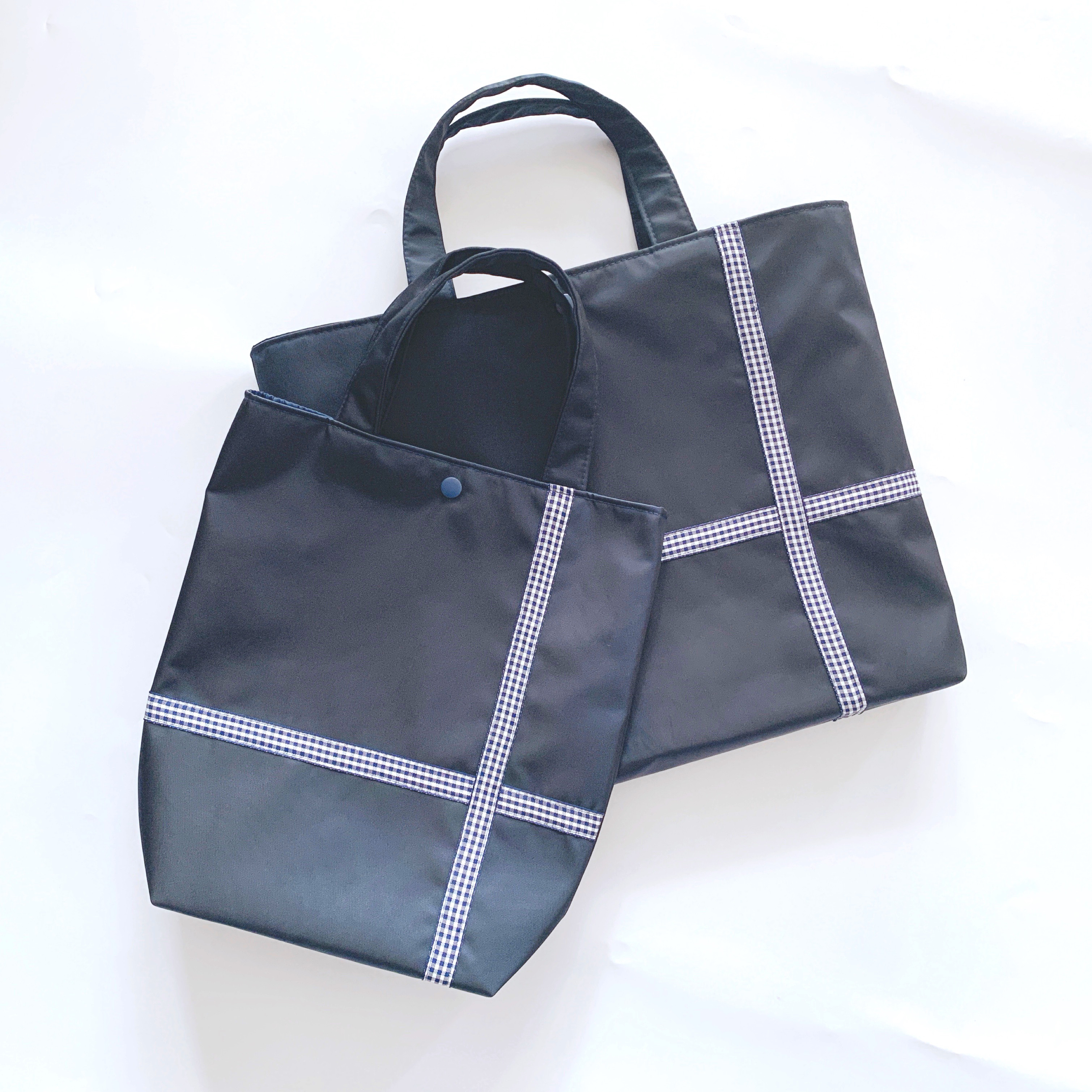 通学、お受験トートバック２点セット　紺×ギンガムライン