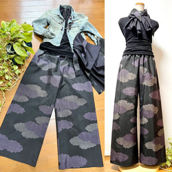 216　手染め大輔　着物リメイク　紬　トップスとサルエルパンツ　フリーサイズ 大島紬＊通常丈+3.5cm＊サルエルパンツ＋ストール＊裏地付き