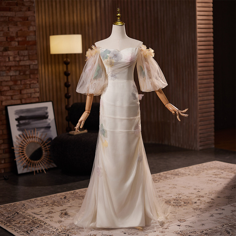 綺麗 シャンパン色 半袖 オフショルダー ウェディングドレス パーティー 結婚式 花嫁 前撮り 披露宴 A7163