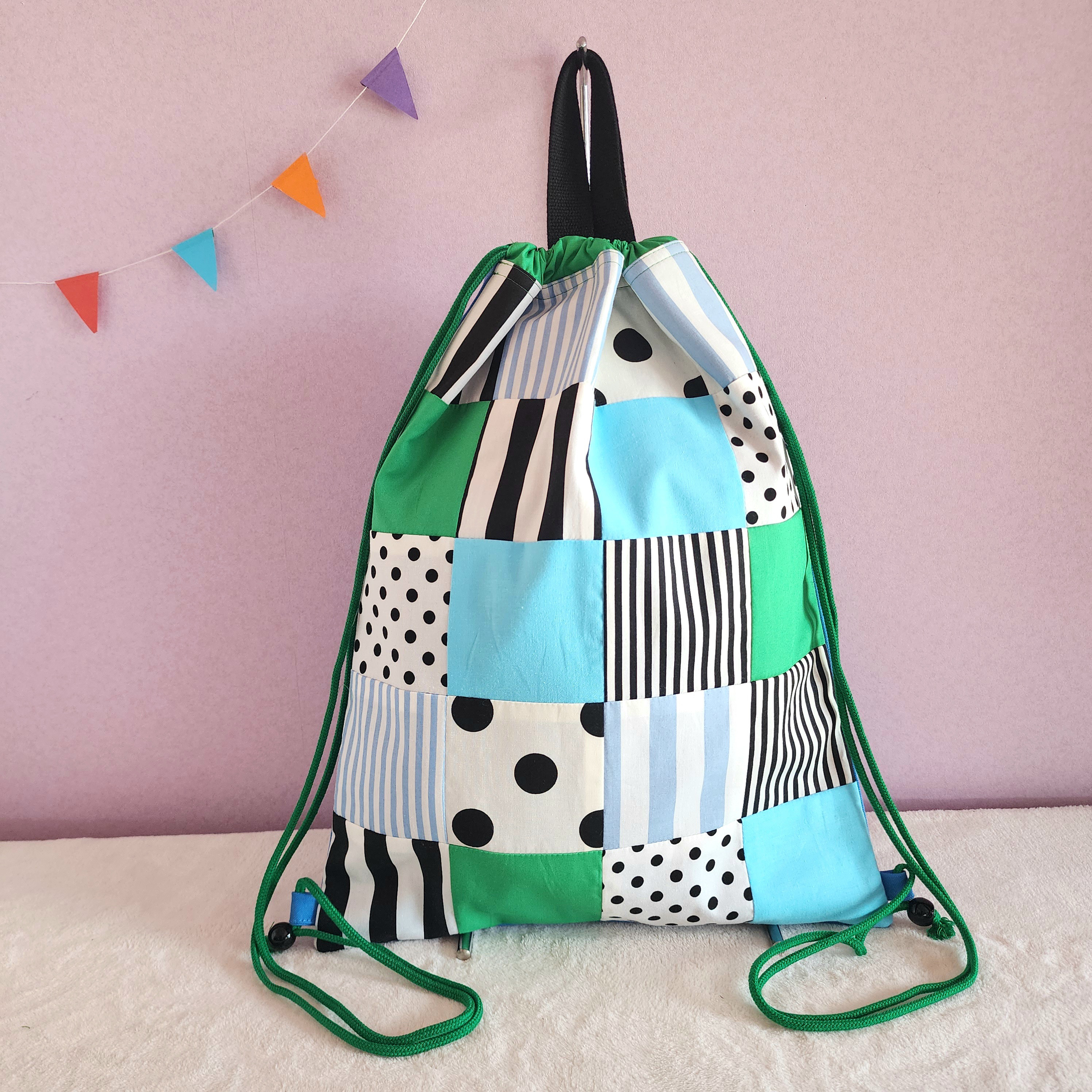 パッチワークのナップサック　blue【サイズ変更可】