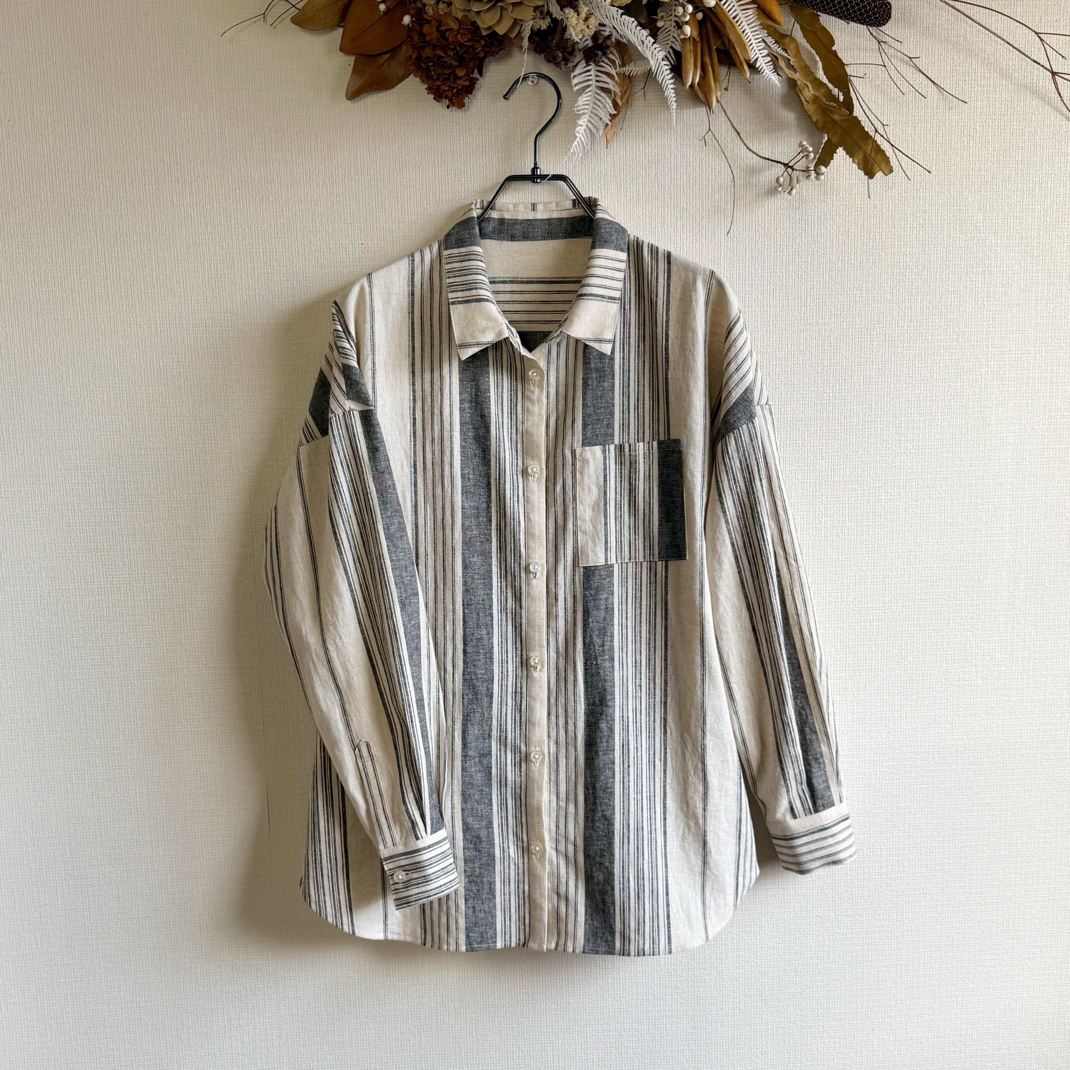 国産綿麻 定番×ゆったりサイズのストライプシャツ【生成×グレー】【播州織】