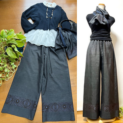 大島紬ワイドパンツ＋ストール＊裏地付き＊着物リメイク キュロット