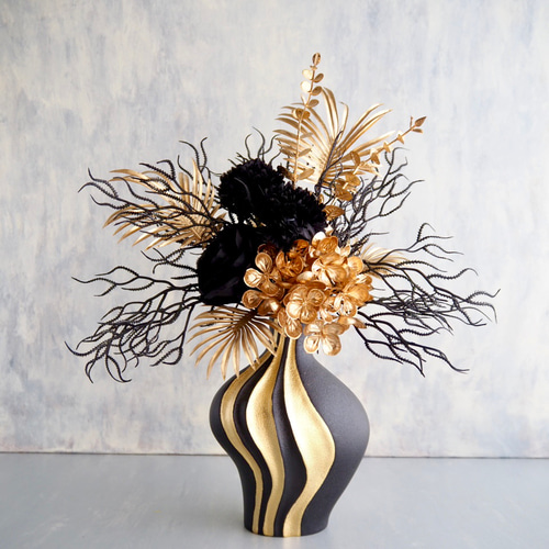 ゴールド×ブラック モダンフラワーアレンジメント 花瓶付き アート