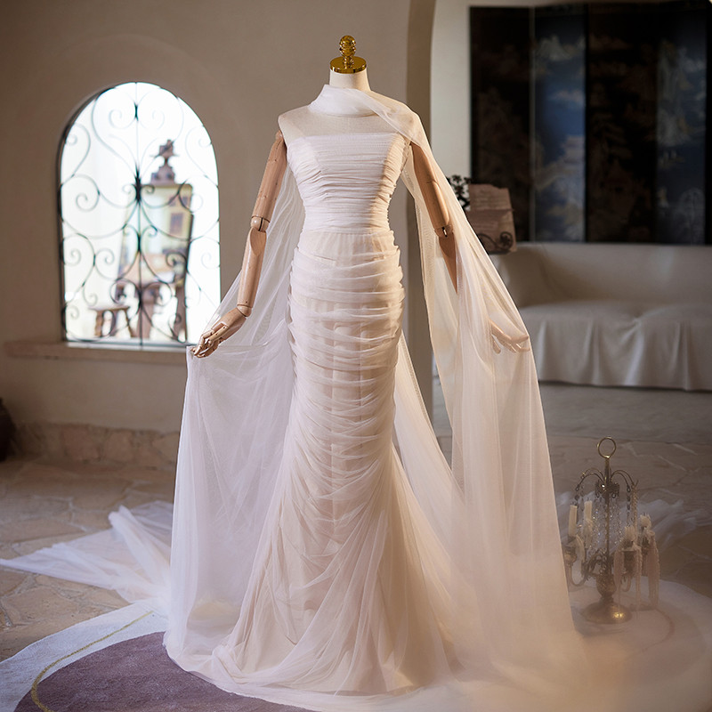 綺麗 白 肩飾りが付 ウェディングドレス パーティー シンプル 韓国風 結婚式 花嫁 前撮り 披露宴 A7168