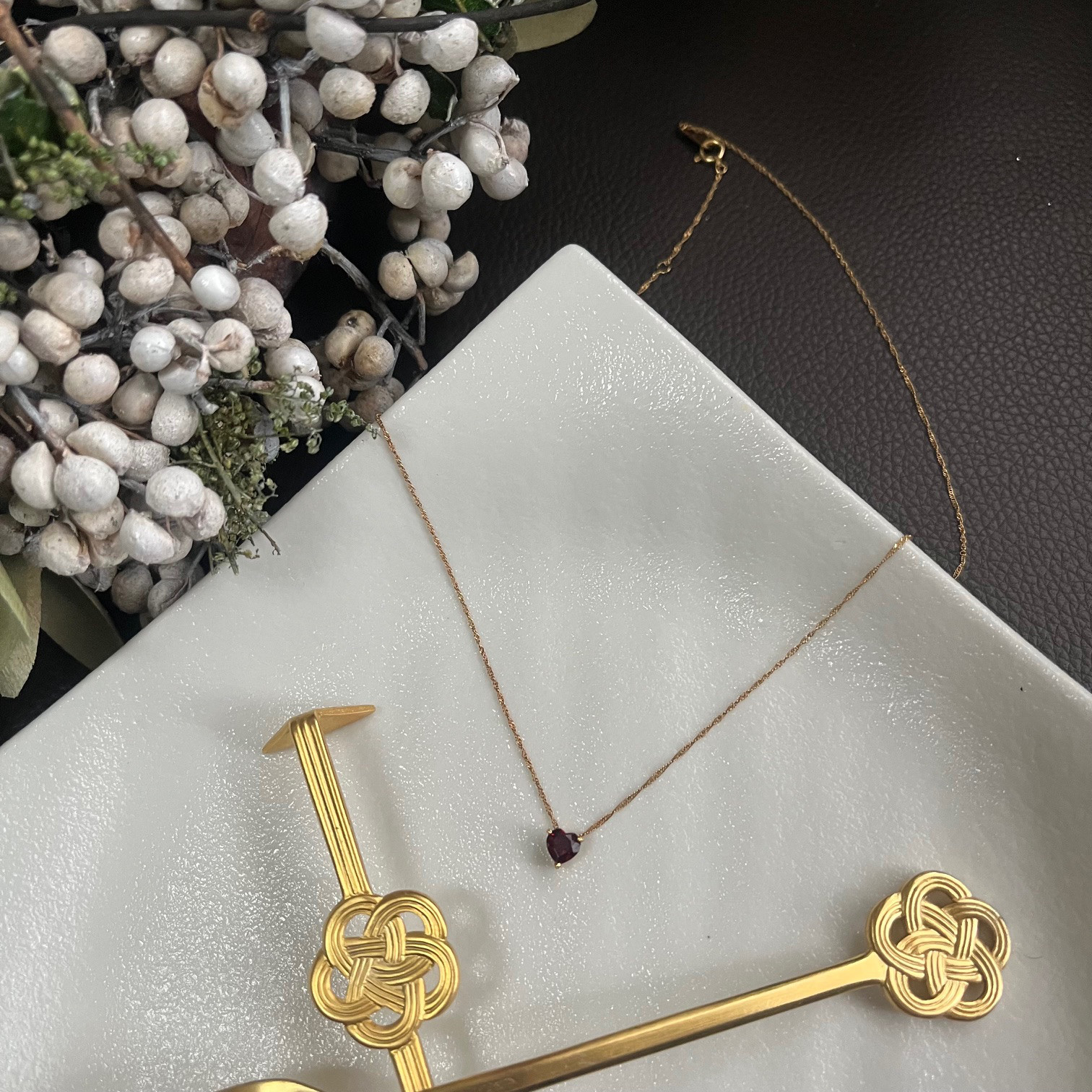 K18 ガーネット ハート型 純金 極細チェーン ネックレス アンティークジュエリー