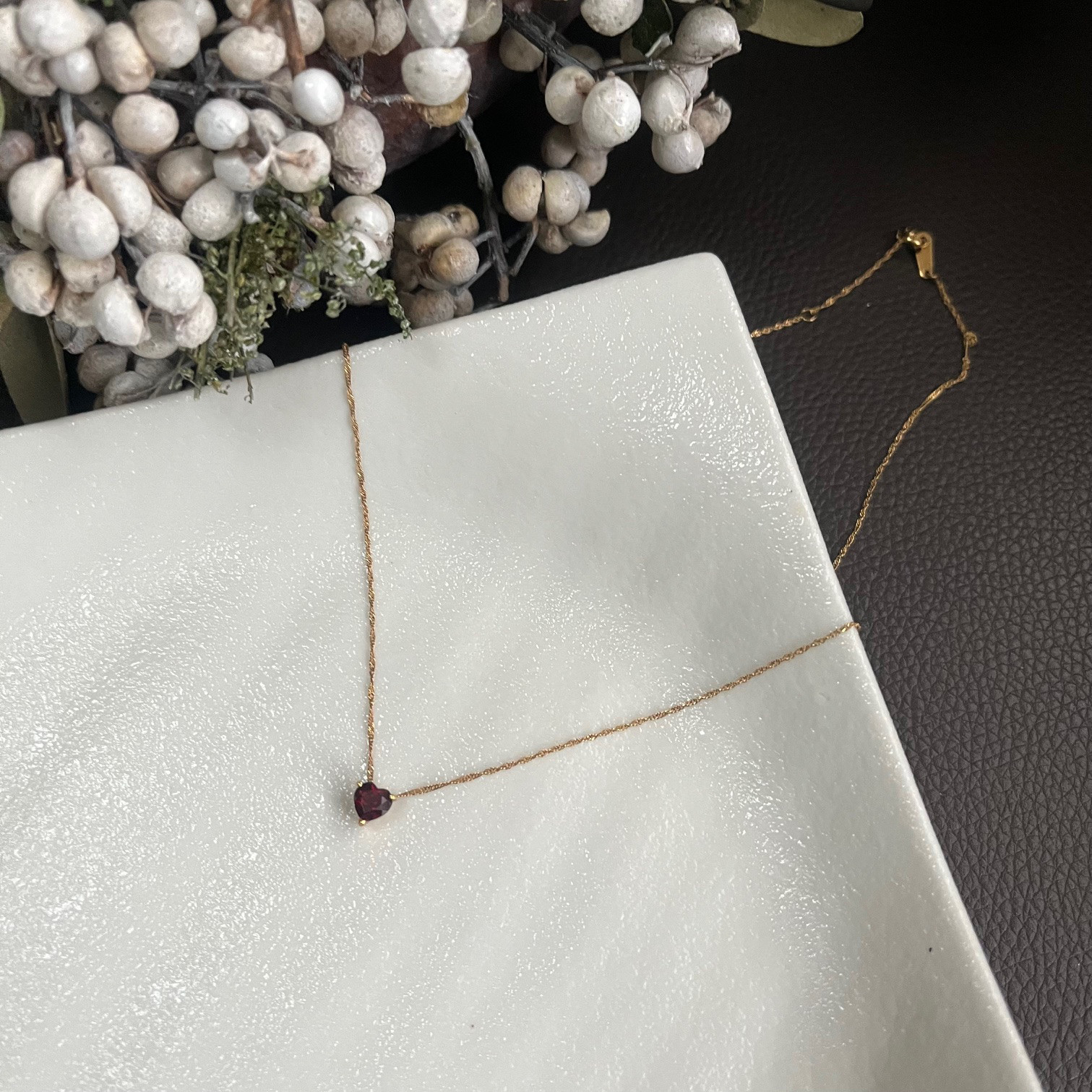 K18 ガーネット ハート型 純金 極細チェーン ネックレス アンティークジュエリー