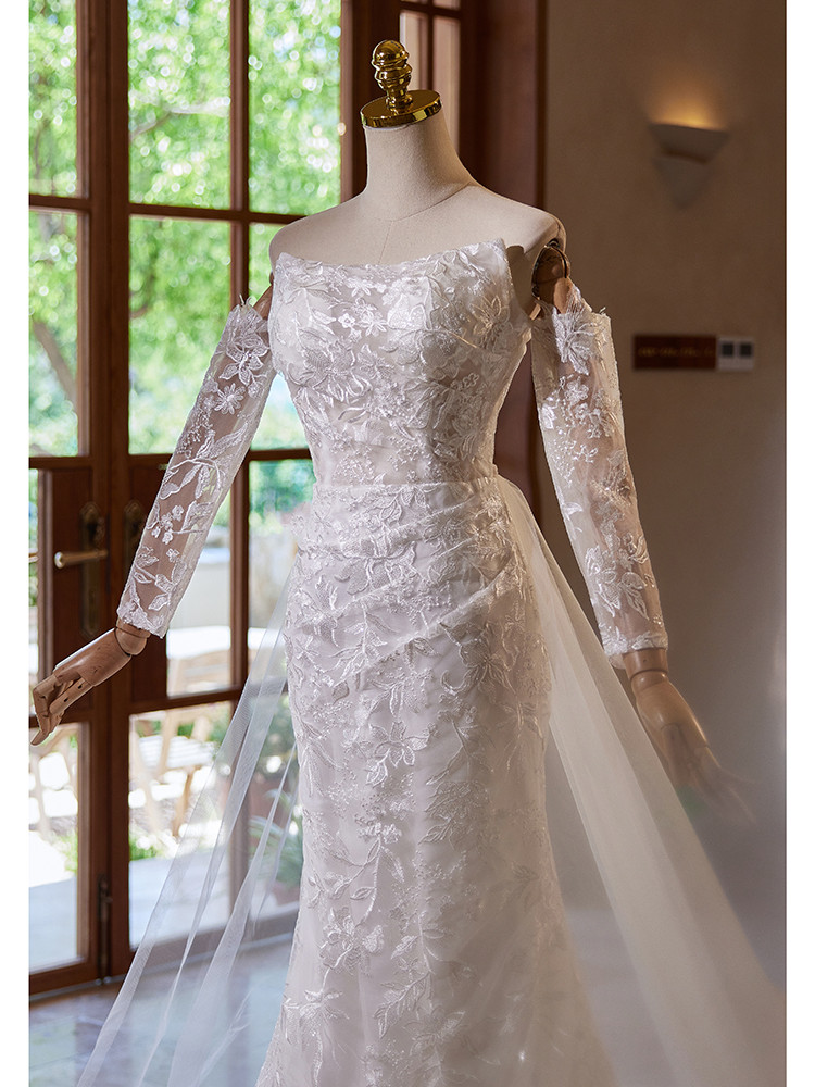 綺麗 白 レース ウェディングドレス 袖カバーが付 裾引き 高級感 パーティー 花嫁 演奏会 前撮り 披露宴 A7176