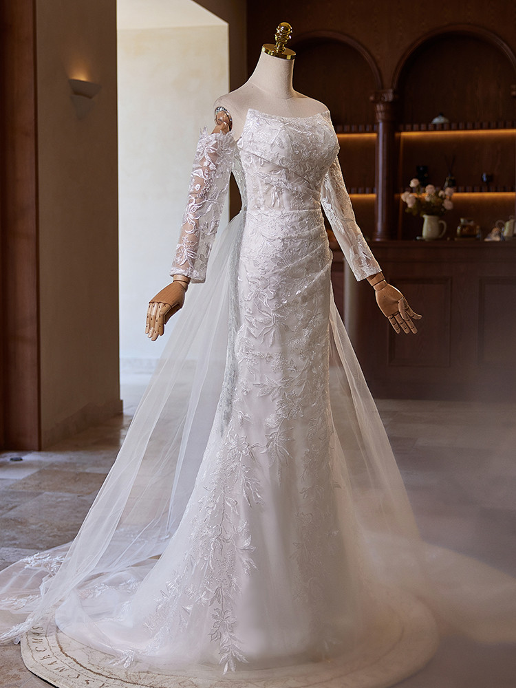 綺麗 白 レース ウェディングドレス 袖カバーが付 裾引き 高級感 パーティー 花嫁 演奏会 前撮り 披露宴 A7176