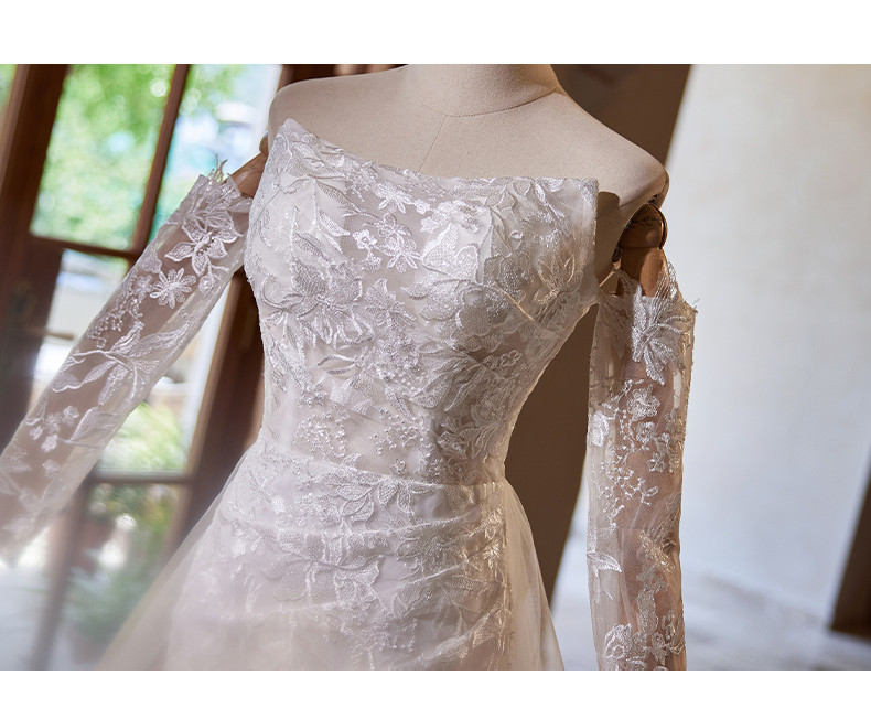 綺麗 白 レース ウェディングドレス 袖カバーが付 裾引き 高級感 パーティー 花嫁 演奏会 前撮り 披露宴 A7176