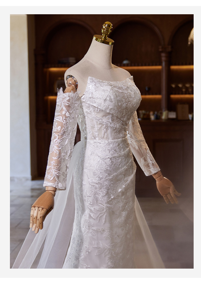 綺麗 白 レース ウェディングドレス 袖カバーが付 裾引き 高級感 パーティー 花嫁 演奏会 前撮り 披露宴 A7176