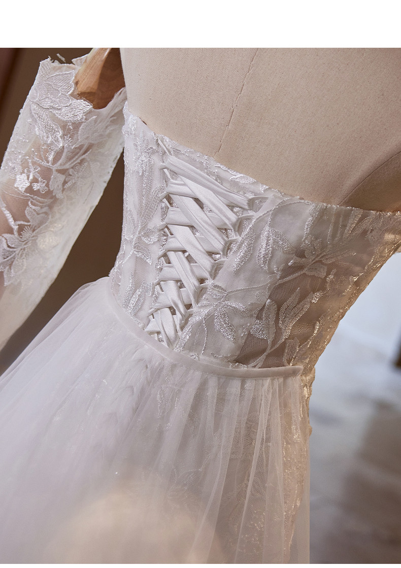 綺麗 白 レース ウェディングドレス 袖カバーが付 裾引き 高級感 パーティー 花嫁 演奏会 前撮り 披露宴 A7176