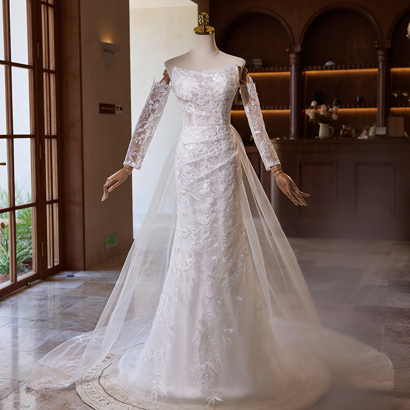 綺麗 白 レース ウェディングドレス 袖カバーが付 裾引き 高級感 パーティー 花嫁 演奏会 前撮り 披露宴 A7176