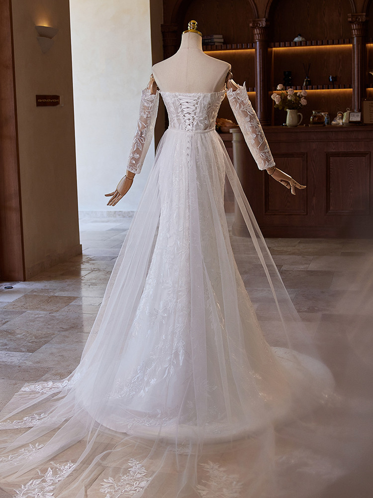 綺麗 白 レース ウェディングドレス 袖カバーが付 裾引き 高級感 パーティー 花嫁 演奏会 前撮り 披露宴 A7176