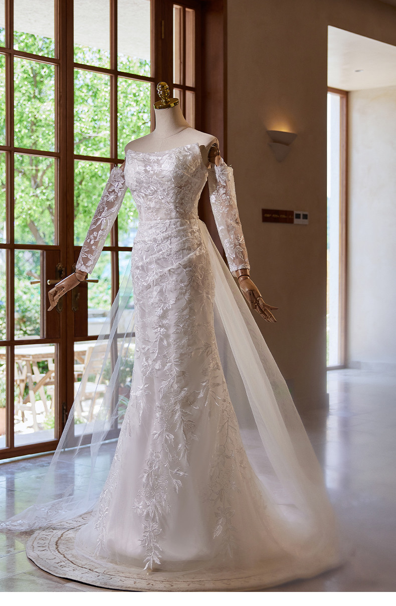 綺麗 白 レース ウェディングドレス 袖カバーが付 裾引き 高級感 パーティー 花嫁 演奏会 前撮り 披露宴 A7176