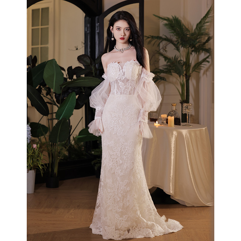 綺麗 白 レース ウェディングドレス 袖カバーが付 高級感 上品 パーティー 花嫁 演奏会 前撮り 披露宴 A7177 26,059円