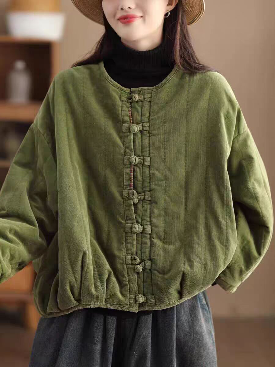 冬のレトロな綿の細長い綿入れのジャケット女性重工業炒め色厚手の綿入れの皿ボタン綿入れの保温綿入れ