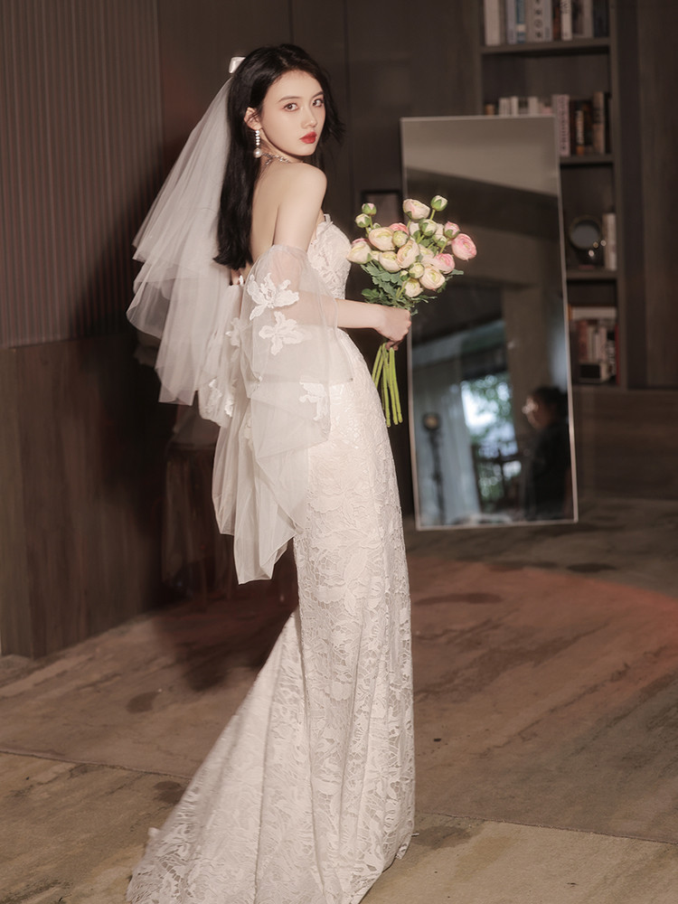 綺麗 白 レース ウェディングドレス 袖カバーが付 高級感 上品 パーティー 結婚式 花嫁 前撮り 披露宴 A7178