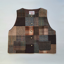 ハリスツイード パッチワーク ベスト タータンクレイジーミックス