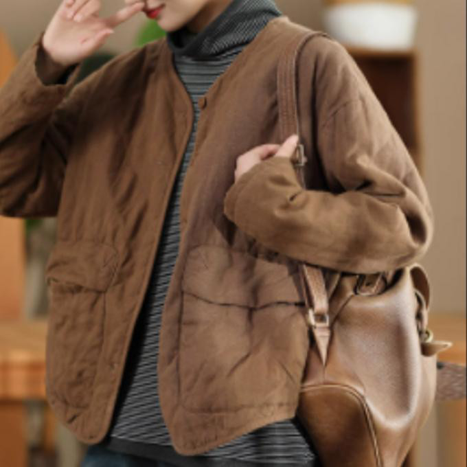 秋冬レトロ100%漢麻菱格挟み綿綿服インナー色織厚手コートシングルブレスト保温綿衣女