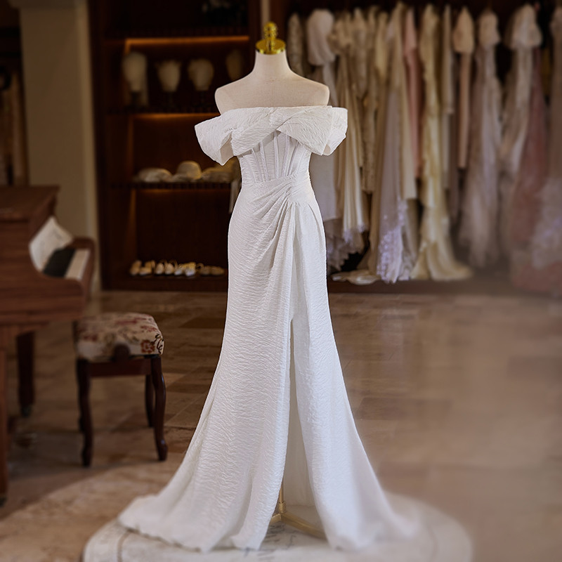 綺麗 白 オフショルダー ウェディングドレス パーティー シンプル 韓国風 花嫁 結婚式 前撮り 披露宴 A7180