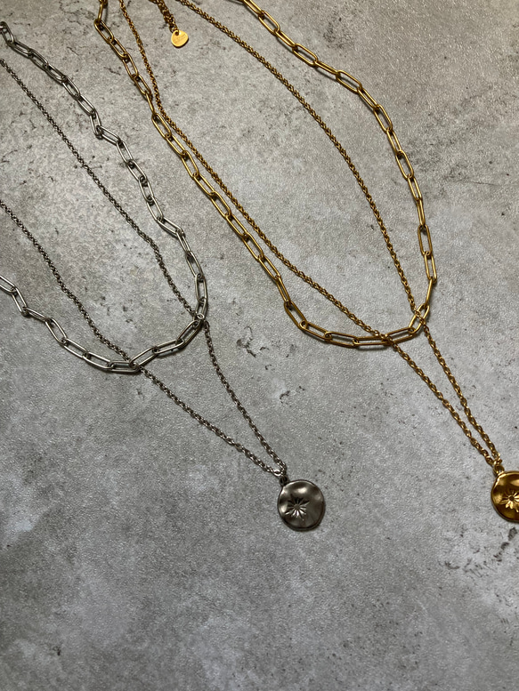 ーlayered coin necklaceー　サージカルステンレス　チェーンネックレス　ネックレス　コインネックレス 1枚目の画像